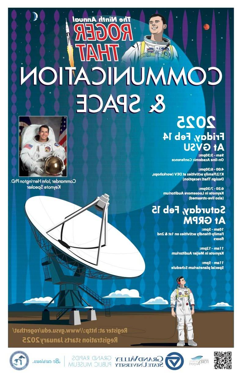 2025 Roger That poster with Roger B. Chaffee and a satellite dish both turned toward the sky to receive signals